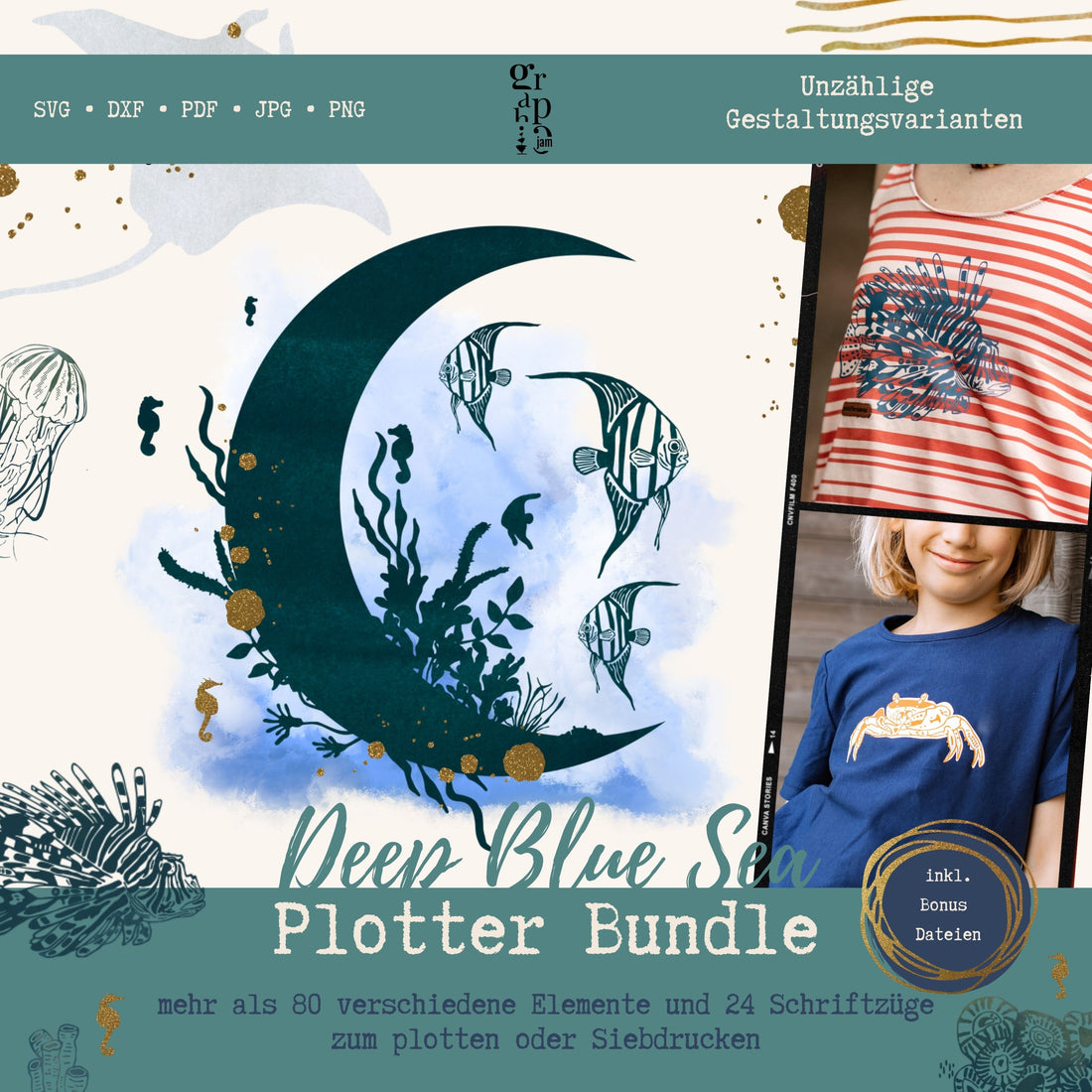 Deep blue Sea Plotterbundle |  Maritime Plottermotive in DXF, SVG, PNG, JPG &amp; PDF - Graphic Jam 